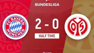 足球比分-半场-拜仁暂2-0美因茨，萨内扣球逆足抽射破门奥利塞建功